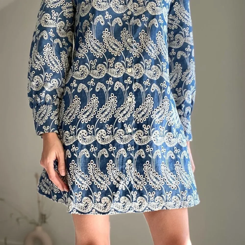 Zara Openwork Embroidery Dress Blue Cotton - Picture 5 of 6